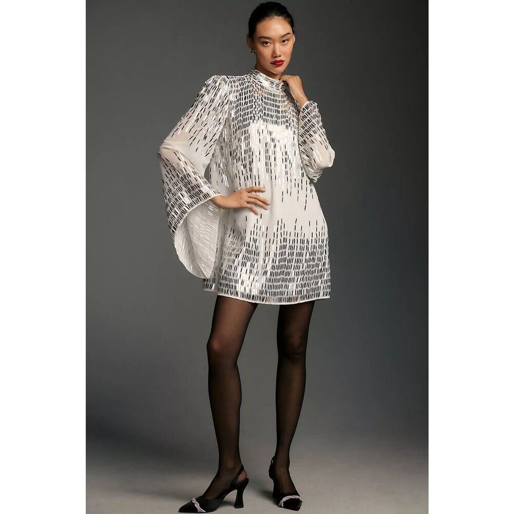 New Anthropologie Let Me Be Long-Sleeve Shine Tunic Mini Dress Size Extra Small